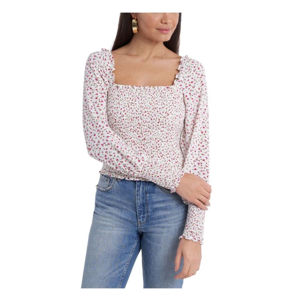 1. STATE Womens Blouse Stretch Smocked Ruffled Long Sleeve Square Neck